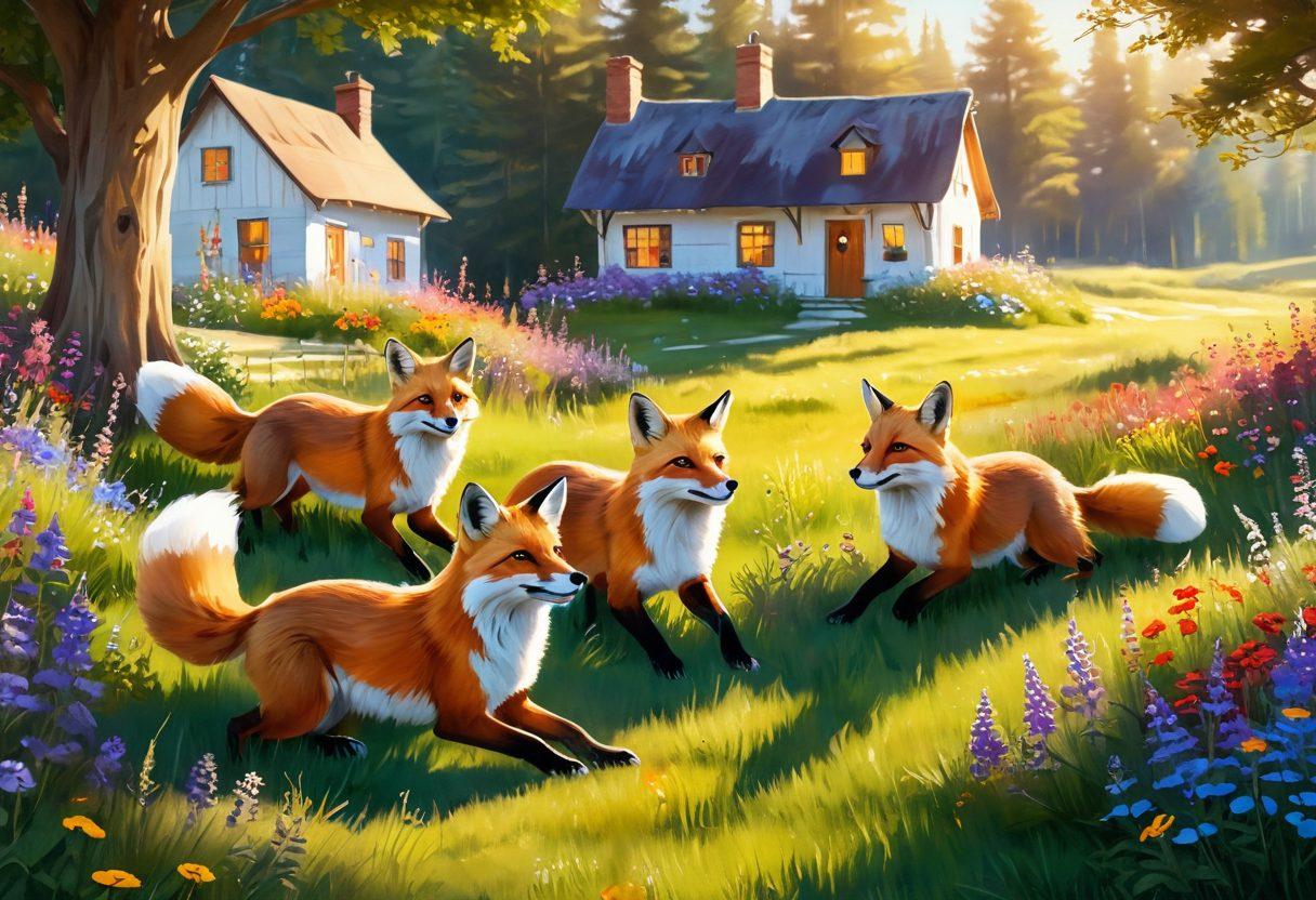 A whimsical scene featuring playful foxes frolicking in a sunlit meadow, surrounded by vibrant wildflowers. The foxes are depicted in various playful poses, showcasing their curious expressions and fluffy tails. Soft, golden sunlight filters through the trees, casting a warm glow over the landscape. Include a cozy little cottage in the background for added charm. digital painting. vibrant colors. enchanting atmosphere.