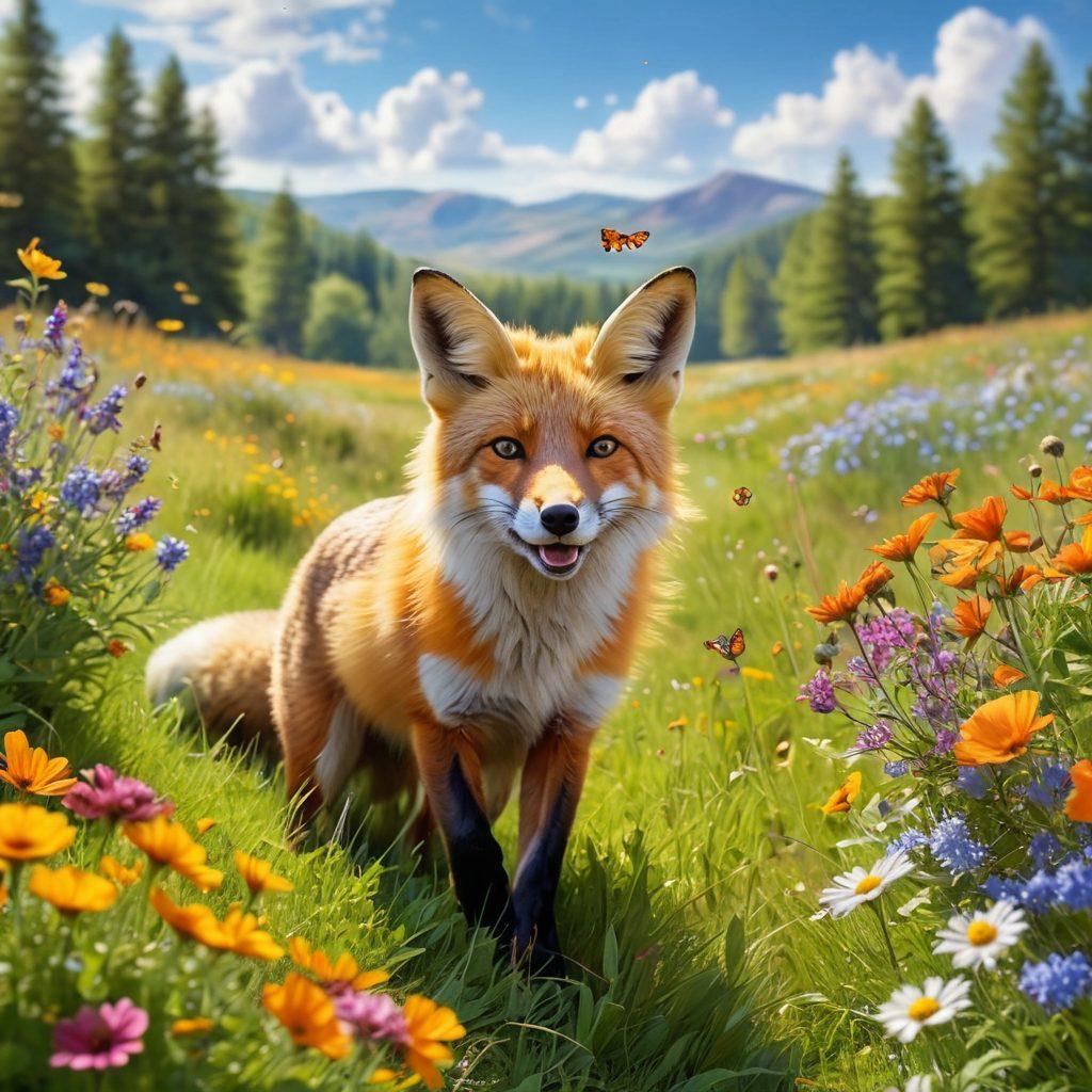 A playful fox frolicking in a sunny meadow, surrounded by bright wildflowers and fluttering butterflies, exuding a sense of joy and whimsy. The fox is portrayed with a cheerful expression, capturing its lively spirit, while a gentle breeze rustles through the grass. In the background, soft hills under a blue sky add to the idyllic scene. vibrant colors. super-realistic.