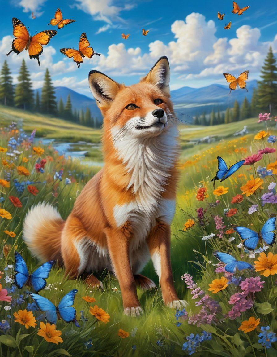 A whimsical scene featuring a playful fox dancing joyfully in a sunlit meadow overflowing with colorful wildflowers, surrounded by butterflies and birds, showcasing a sense of freedom and bliss. The sky is a bright blue with fluffy white clouds. Capture the essence of happiness and serenity with a warm color palette. super-realistic. vibrant colors.